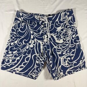 J.Crew Mens Board Shorts Navy White Scroll Paisley Swim Trunks Sz‎ 35 Mesh Liner